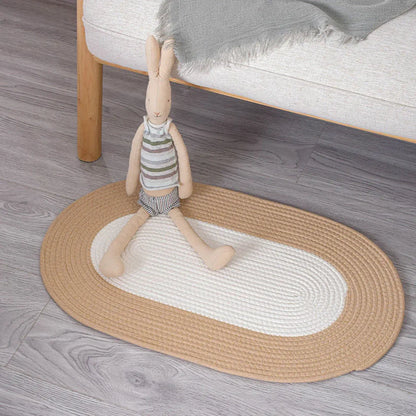 Cotton Floor Mat Oval Non Slip Carpet Household Soft Washable Rug for Bedroom - Khaki