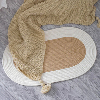 Cotton Floor Mat Oval Non Slip Carpet Household Soft Washable Rug for Bedroom - Khaki