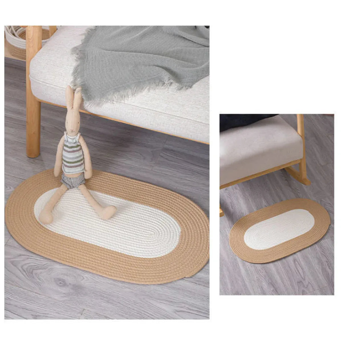 Cotton Floor Mat Oval Non Slip Carpet Household Soft Washable Rug for Bedroom - Khaki