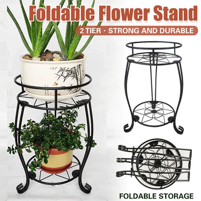 Foldable Plant Stand 2 Tier Metal Flower Shelf for Indoor Outdoor