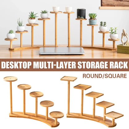 Bamboo Indoor Desktop Flower Stand for Living Room Office MultiTier Plant Holder - Square