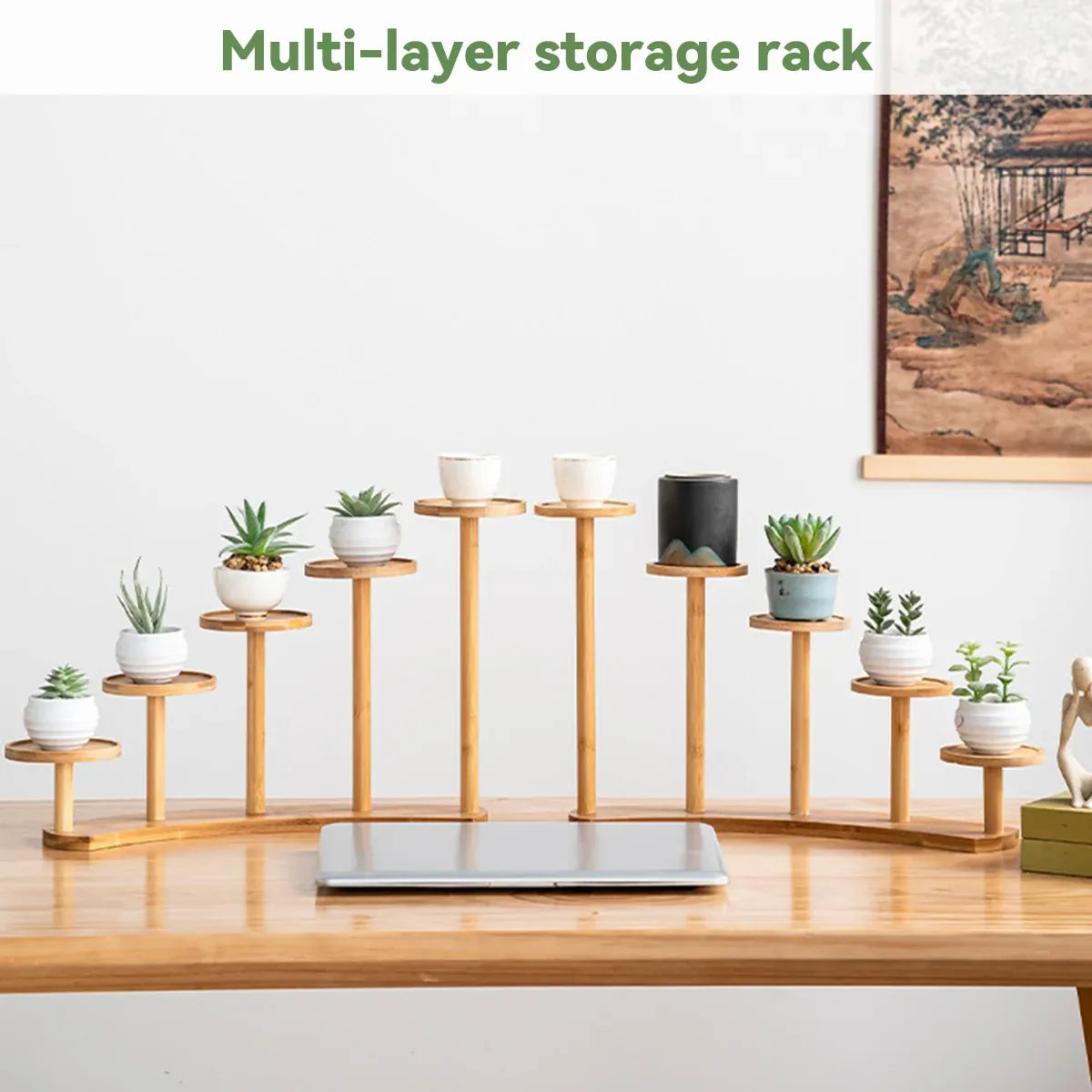 Bamboo Indoor Desktop Flower Stand for Living Room Office MultiTier Plant Holder - Square