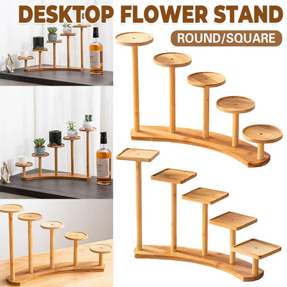 Bamboo Indoor Desktop Flower Stand for Living Room Office MultiTier Plant Holder - Square