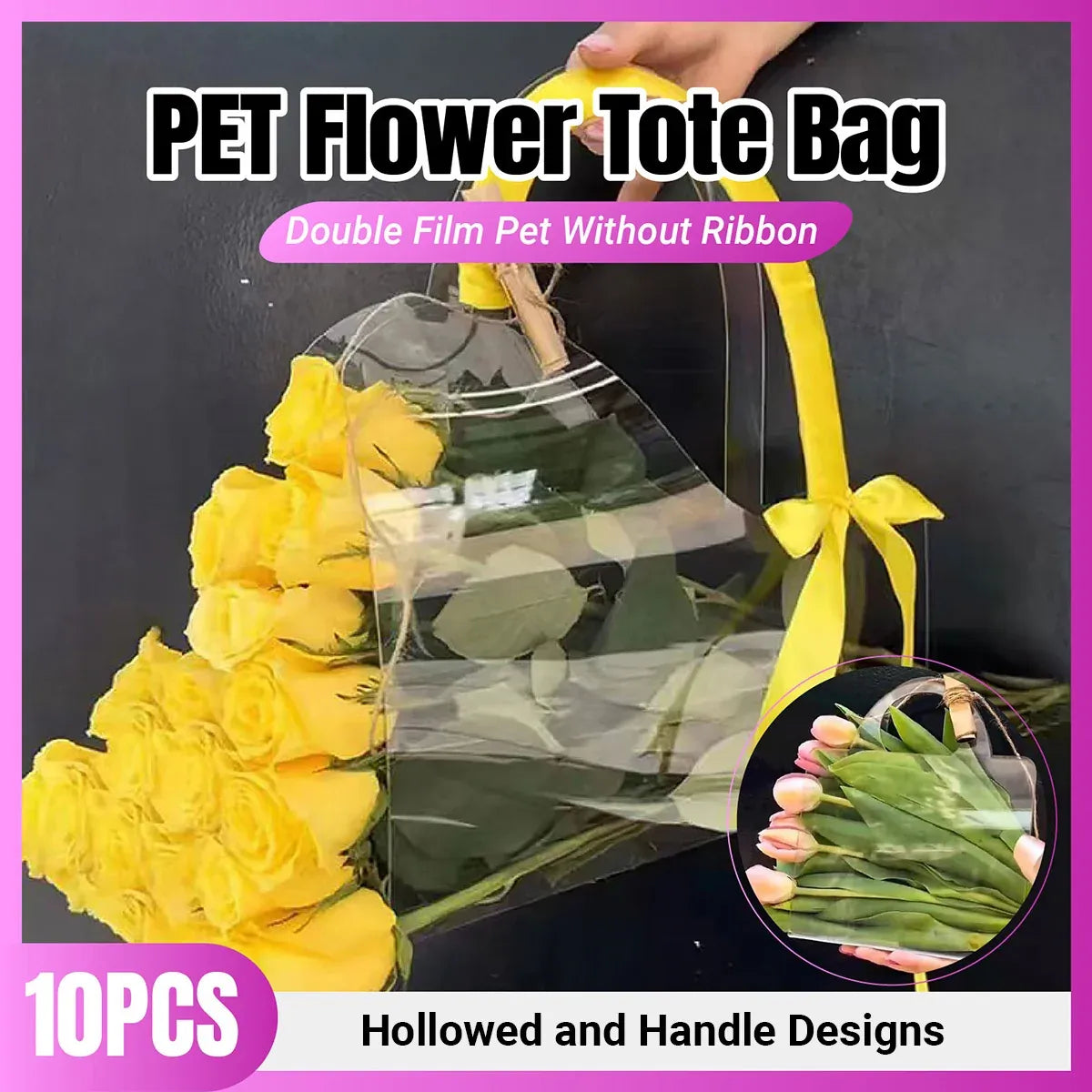 10pcs Transparent Flower Handbags Clear PET Bouquet Holder Gift Bags for Events - Square