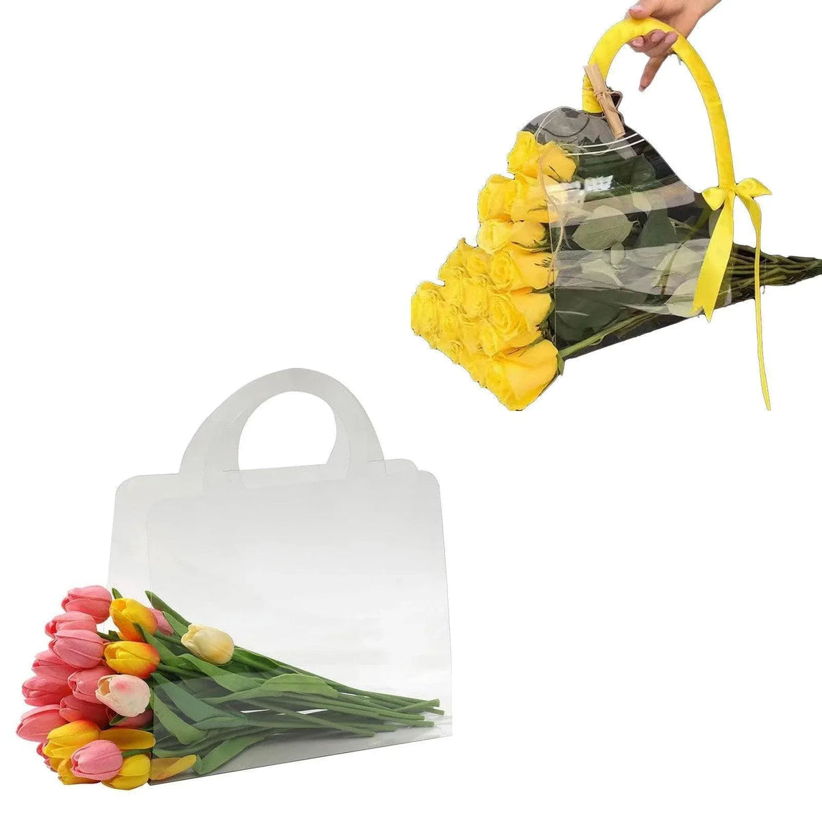 10pcs Transparent Flower Handbags Clear PET Bouquet Holder Gift Bags for Events - Square