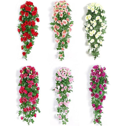 2PCS Artificial Rose Flower Garland Hanging Vine Home Wall Decor Fake Rattan - Rose Red