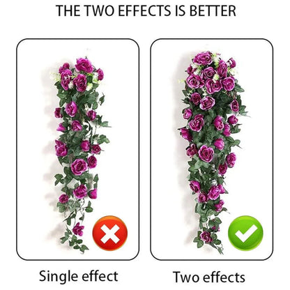 2PCS Artificial Rose Flower Garland Hanging Vine Home Wall Decor Fake Rattan - Rose Red