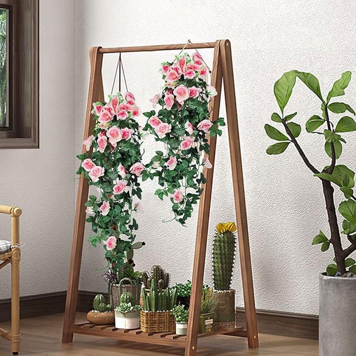 2PCS Artificial Rose Flower Garland Hanging Vine Home Wall Decor Fake Rattan - Rose Red