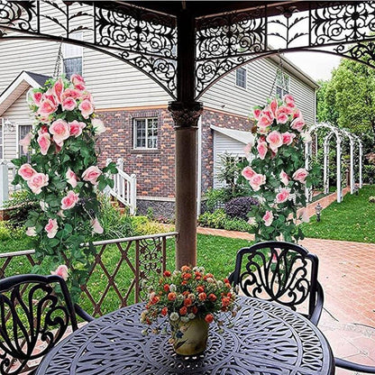 2PCS Artificial Rose Flower Garland Hanging Vine Home Wall Decor Fake Rattan - Rose Red