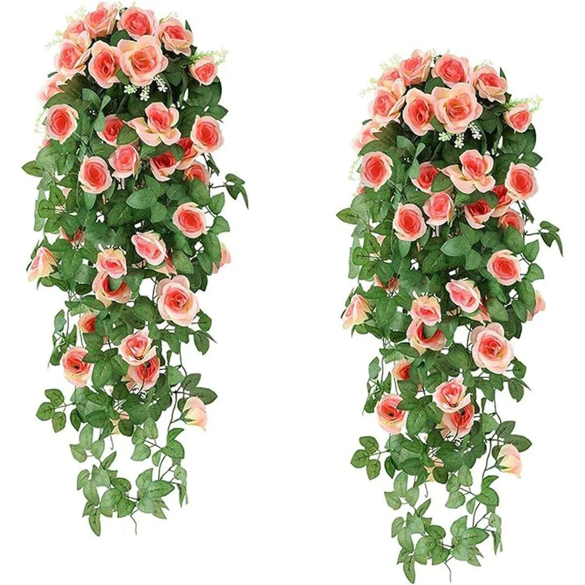 2PCS Artificial Rose Flower Garland Hanging Vine Home Wall Decor Fake Rattan - Rose Red