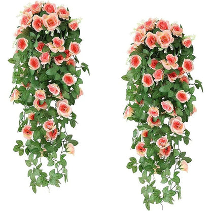 2PCS Artificial Rose Flower Garland Hanging Vine Home Wall Decor Fake Rattan - Rose Red