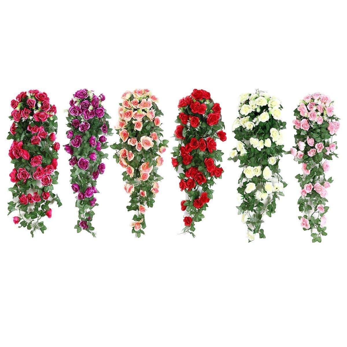 2PCS Artificial Rose Flower Garland Hanging Vine Home Wall Decor Fake Rattan - Rose Red