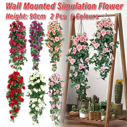 2PCS Artificial Rose Flower Garland Hanging Vine Home Wall Decor Fake Rattan - Rose Red