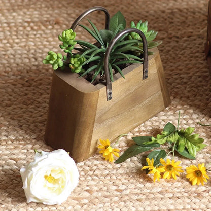 26cm Handbag Shape Flower Pot with Metal Handles Natural Wood