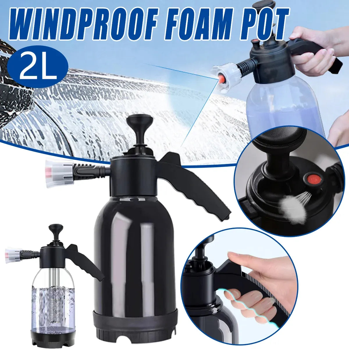 2L Car Wash Foam Sprayer Hand Held Pump Wash Spray Bottle Snow Foam Detailing - White