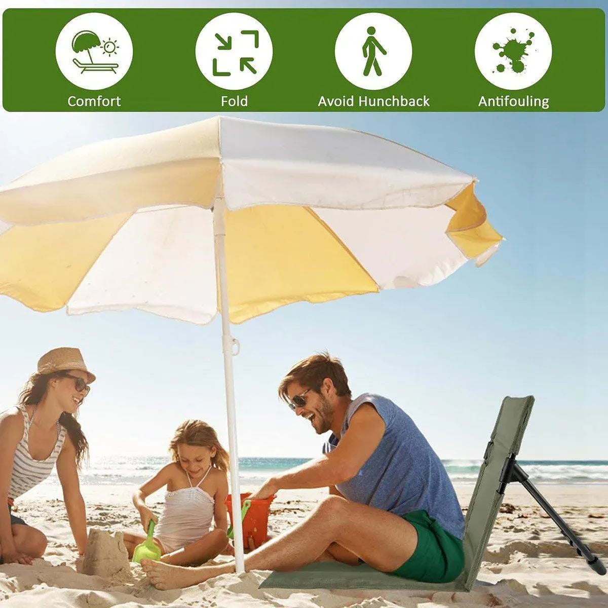 Folding Portable Camping Chair Lightweight Stool with Backrest Outdoor Bench - Green