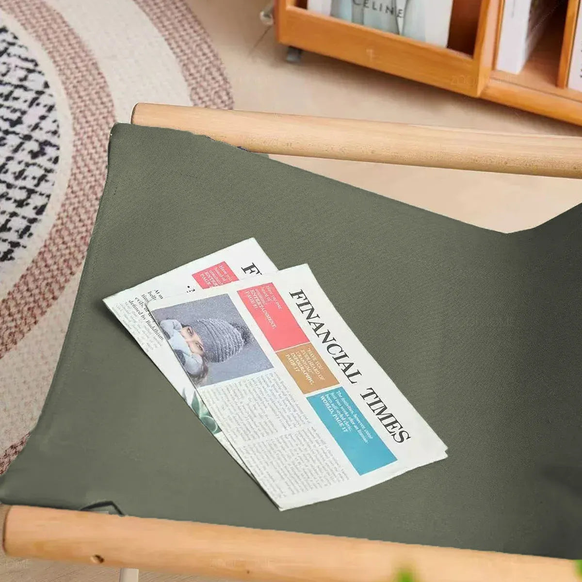 Folding Camping Chair with Solid Wood Armrests Carbon Steel Frame - Khaki