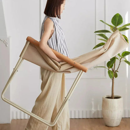 Folding Camping Chair with Solid Wood Armrests Carbon Steel Frame - Khaki