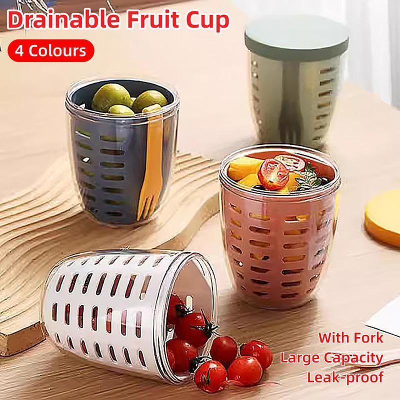 Portable Drainable Fruit Cup Plastic Sealed Cup for Snacks and Travel Use - Green