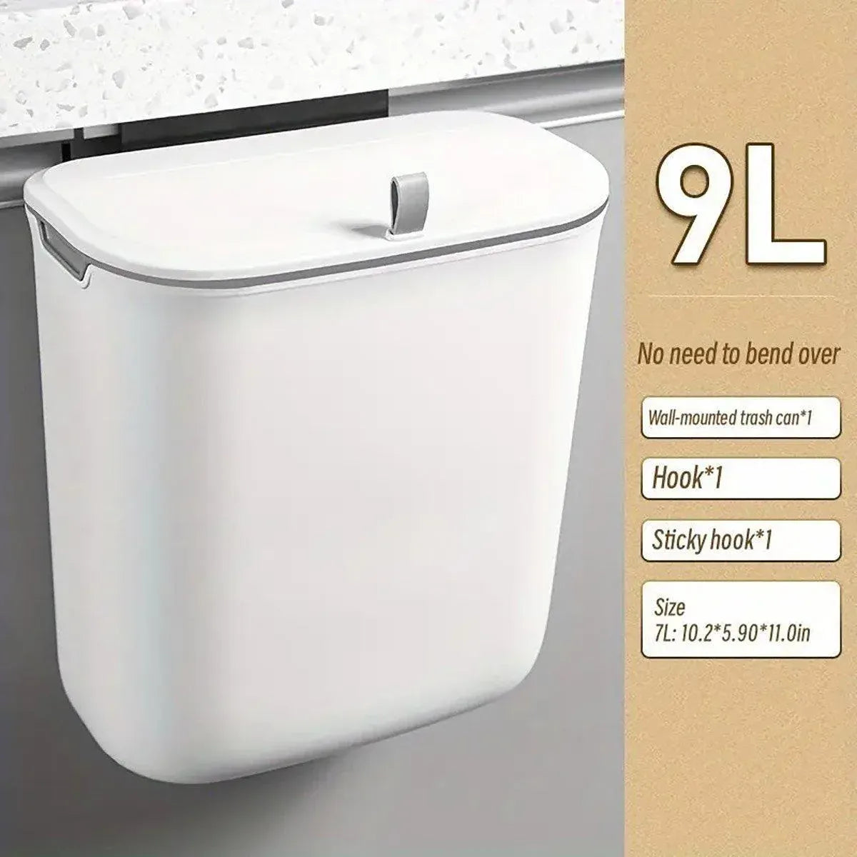 Wall Mounted Hanging Wastebasket with Sliding Lid for Kitchen and Bathroom Use - 7L