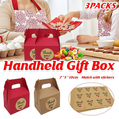 3 Packs Handheld Kraft Paper Gift Boxes with Thank-you Stickers Party Favor Use - Red