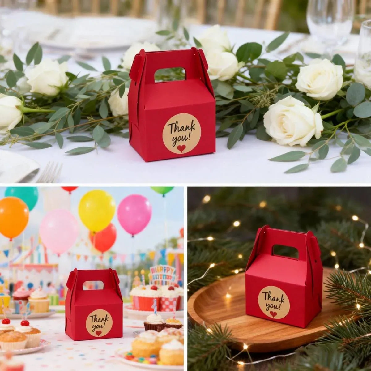 3 Packs Handheld Kraft Paper Gift Boxes with Thank-you Stickers Party Favor Use - Red
