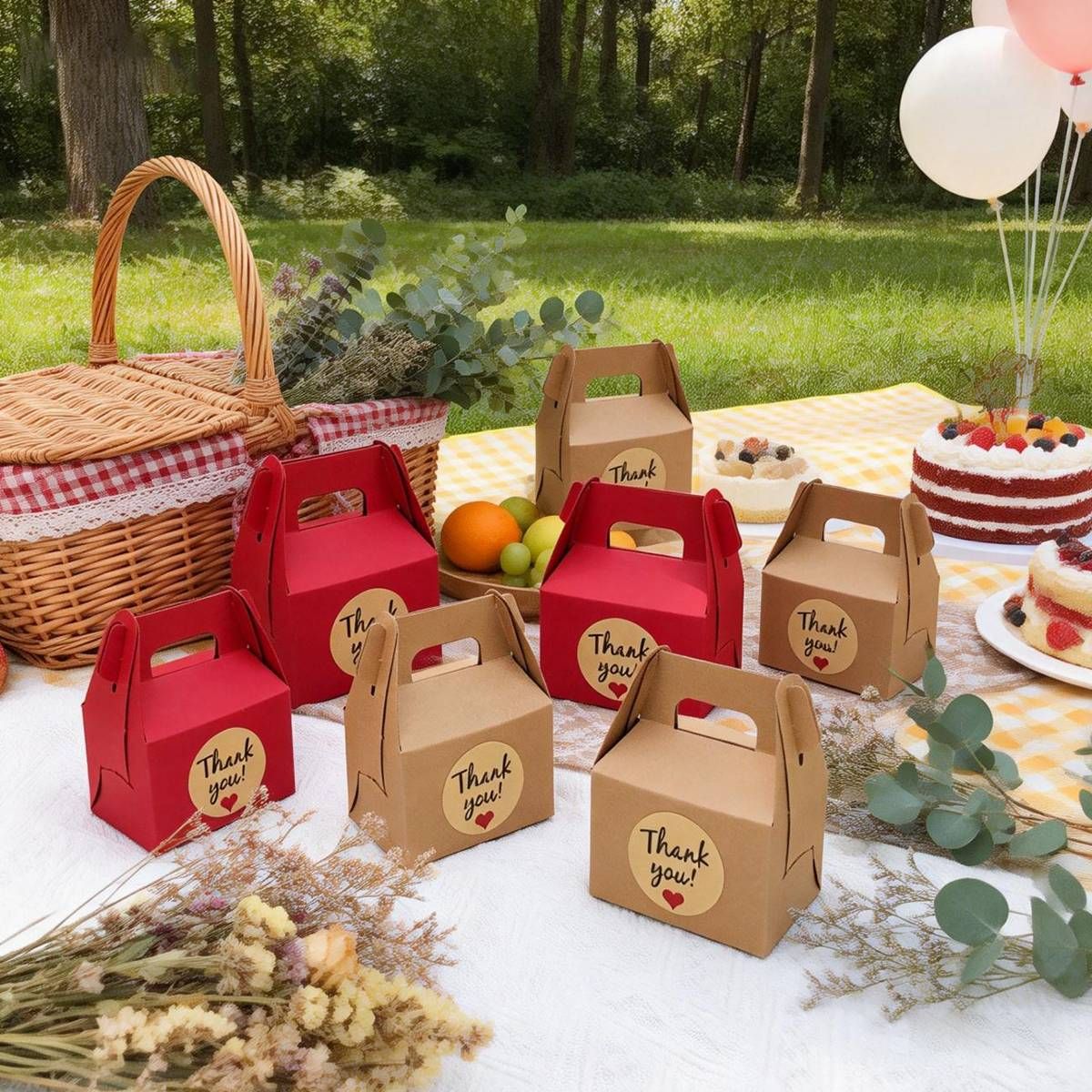 3 Packs Handheld Kraft Paper Gift Boxes with Thank-you Stickers Party Favor Use - Red