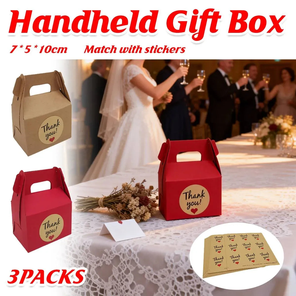 3 Packs Handheld Kraft Paper Gift Boxes with Thank-you Stickers Party Favor Use - Red