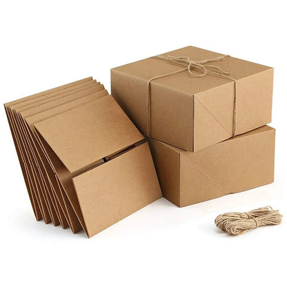 10Pcs Kraft Gift Boxes Set with Jute Rope 8x8x4 Inch Party Favour Packaging - White