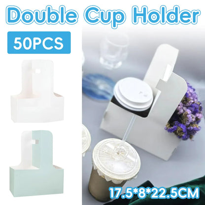 50PCS Handheld Double Cup Holder Sturdy Portable for Coffee Beverages Takeaway - White