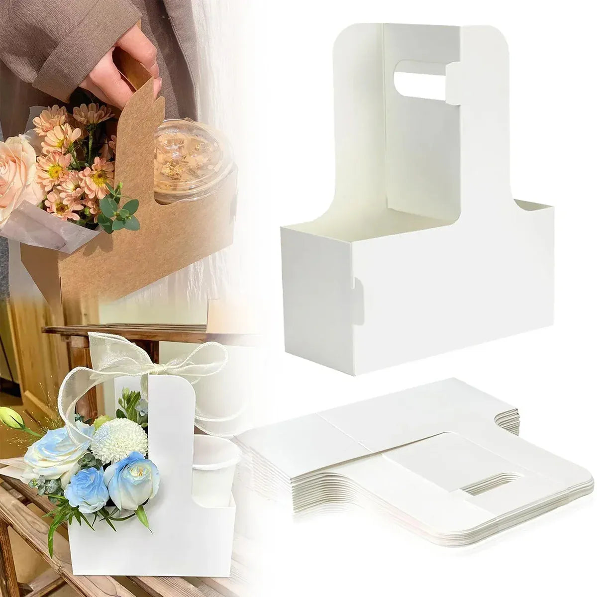 50PCS Handheld Double Cup Holder Sturdy Portable for Coffee Beverages Takeaway - White