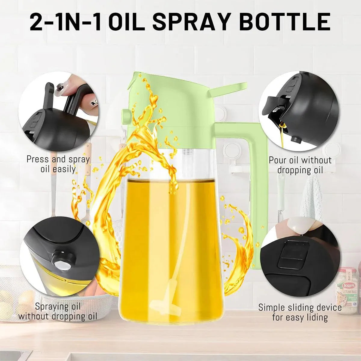 2-in-1 470ml Glass Oil Bottle Spray Pour Automatic Pressure Control Kitchen Tool - Beige