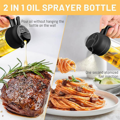 2-in-1 470ml Glass Oil Bottle Spray Pour Automatic Pressure Control Kitchen Tool - Beige