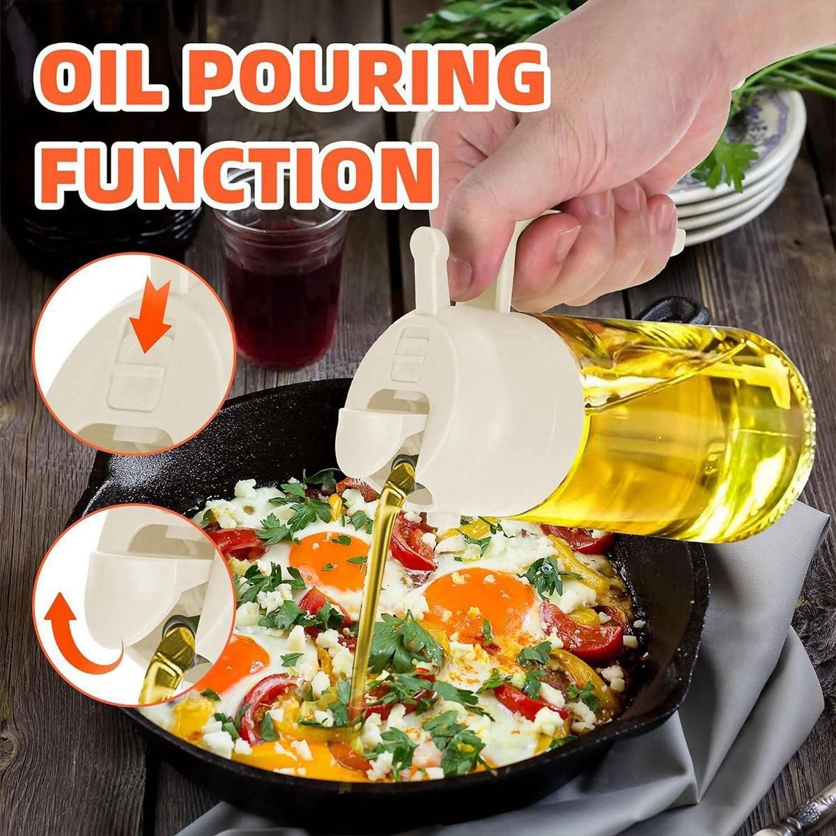 2-in-1 470ml Glass Oil Bottle Spray Pour Automatic Pressure Control Kitchen Tool - Beige