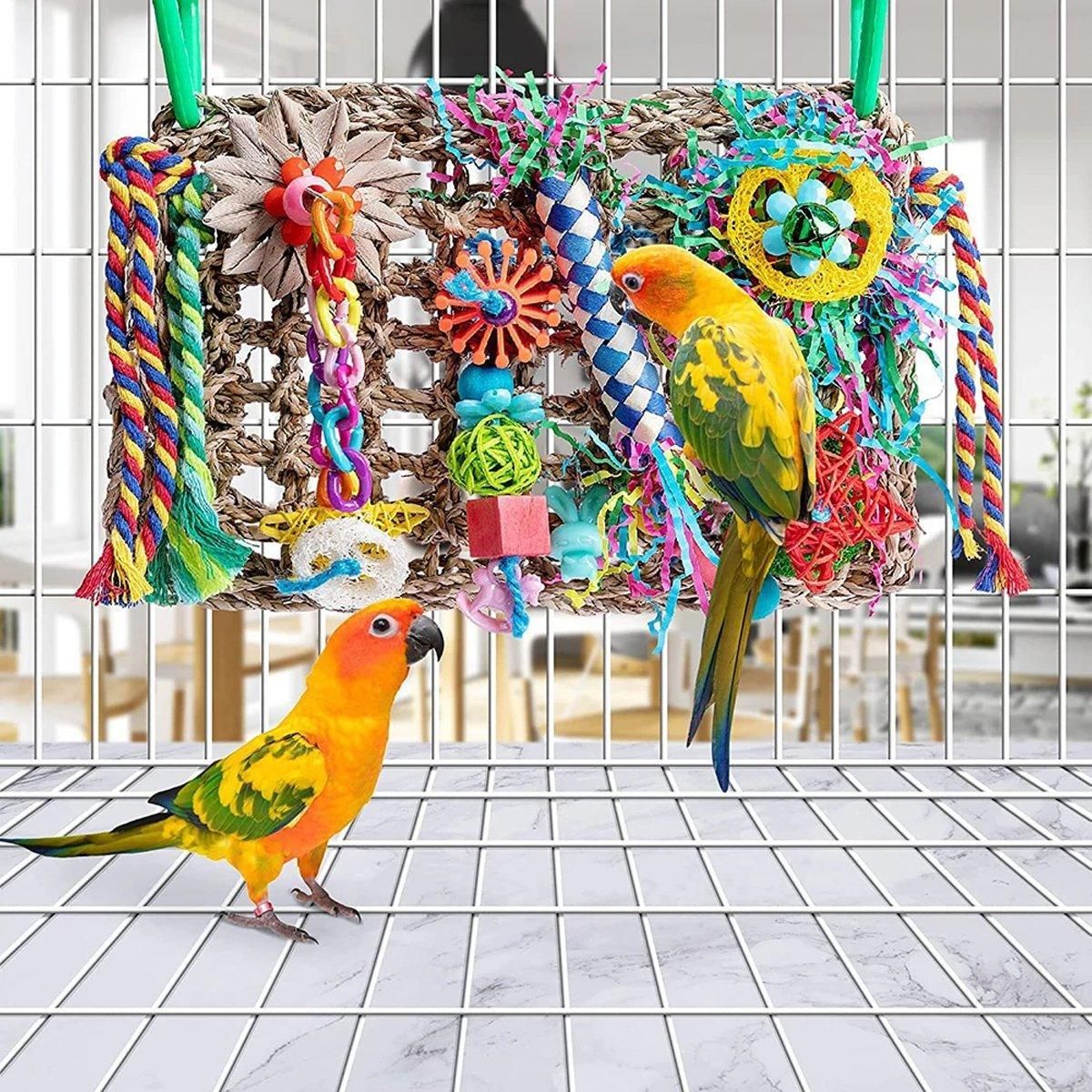 Parrot Gnawing Toys Woven Grass Nets Colourful Chewing Bird Cage Play