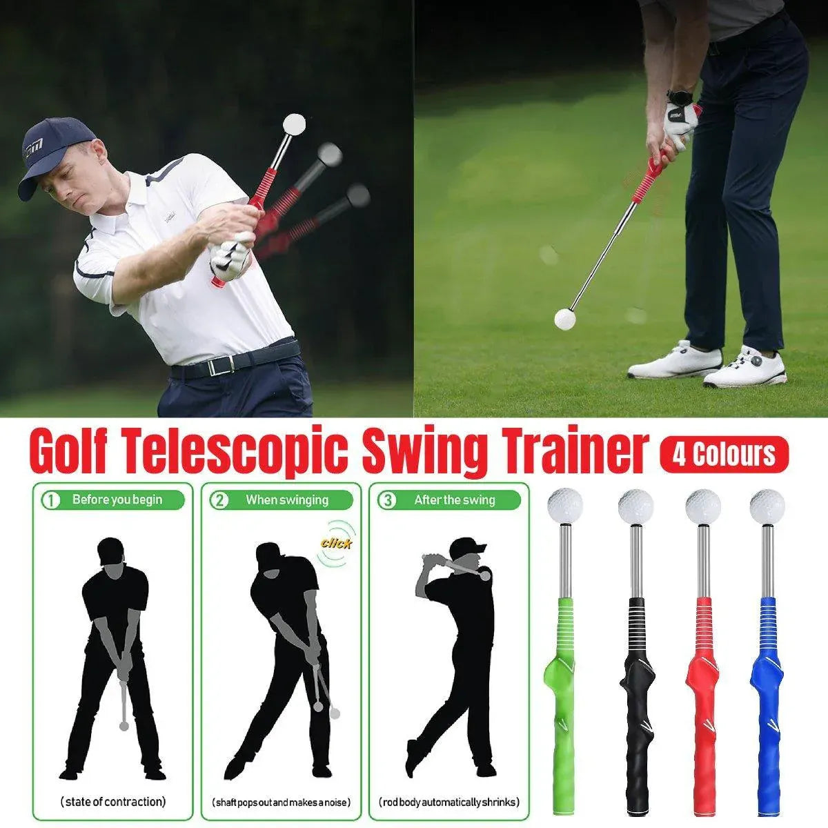 Golf Swing Training Aid Telescopic Impact Sound Stick Exercise Tool for Practice - Black