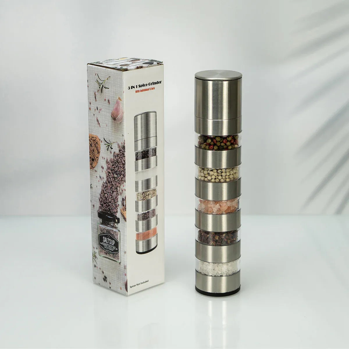 5 in 1 Stainless Steel Salt and Pepper Grinder Manual Spice Grinder Bottle Kitchen