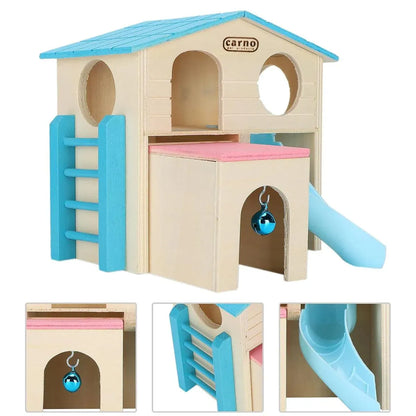 Wooden Luxury Hamster Villa Escape House Fun Nest Pet Home for Small Animals - Blue