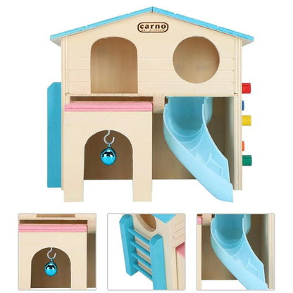 Wooden Luxury Hamster Villa Escape House Fun Nest Pet Home for Small Animals - Blue
