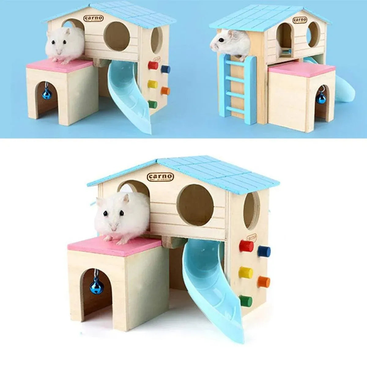 Wooden Luxury Hamster Villa Escape House Fun Nest Pet Home for Small Animals - Blue