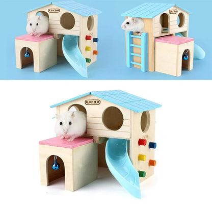 Wooden Luxury Hamster Villa Escape House Fun Nest Pet Home for Small Animals - Blue
