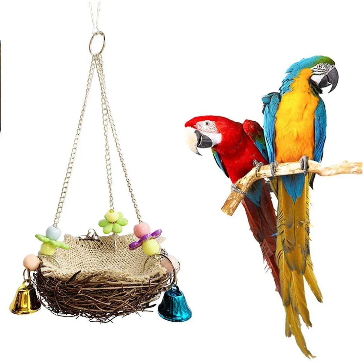 Bird Parrot Swing Stand Rattan Nest Hanging Basket Chew Toy for Small Medium Pet - L-20cm
