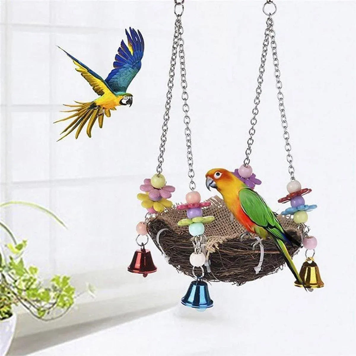 Bird Parrot Swing Stand Rattan Nest Hanging Basket Chew Toy for Small Medium Pet - L-20cm