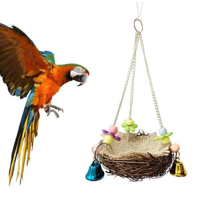 Bird Parrot Swing Stand Rattan Nest Hanging Basket Chew Toy for Small Medium Pet - L-20cm