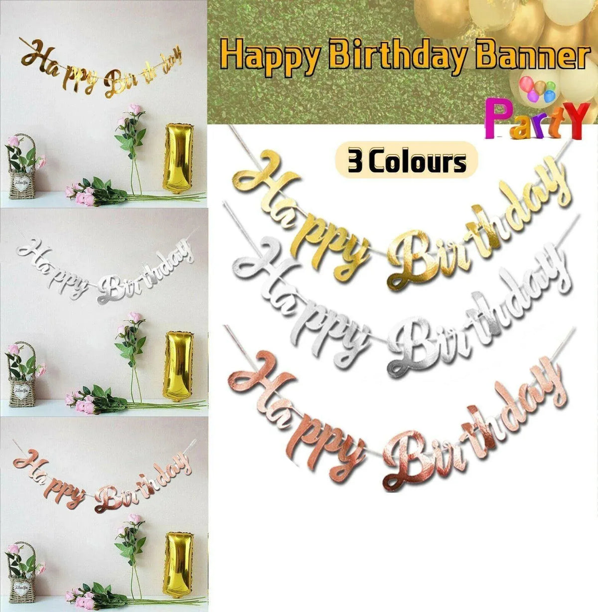 Happy Birthday Party Banner Decorations in Rose Gold Silver or Gold Bunting Garland - Gold
