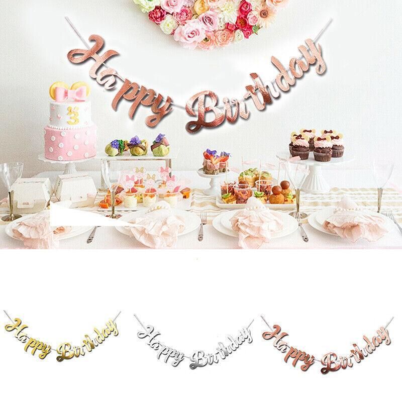 Happy Birthday Party Banner Decorations in Rose Gold Silver or Gold Bunting Garland - Gold