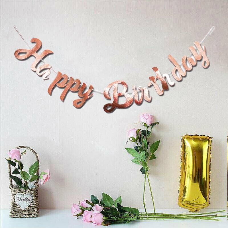 Happy Birthday Party Banner Decorations in Rose Gold Silver or Gold Bunting Garland - Gold