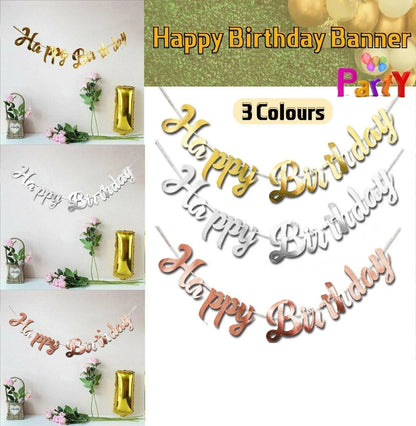 Happy Birthday Party Banner Decorations in Rose Gold Silver or Gold Bunting Garland - Silver