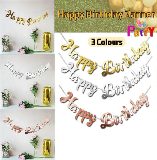 Happy Birthday Party Banner Decorations in Rose Gold Silver or Gold Bunting Garland - Silver