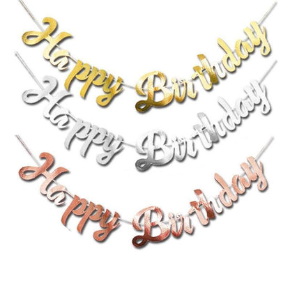 Happy Birthday Party Banner Decorations in Rose Gold Silver or Gold Bunting Garland - Silver